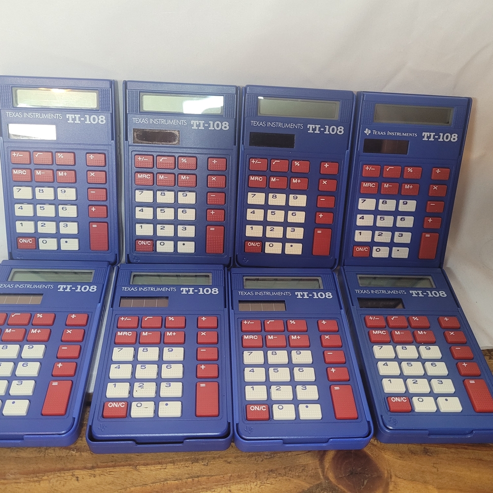 8 Texas Instruments TI-108 Blue Calculator with Red and White Buttons